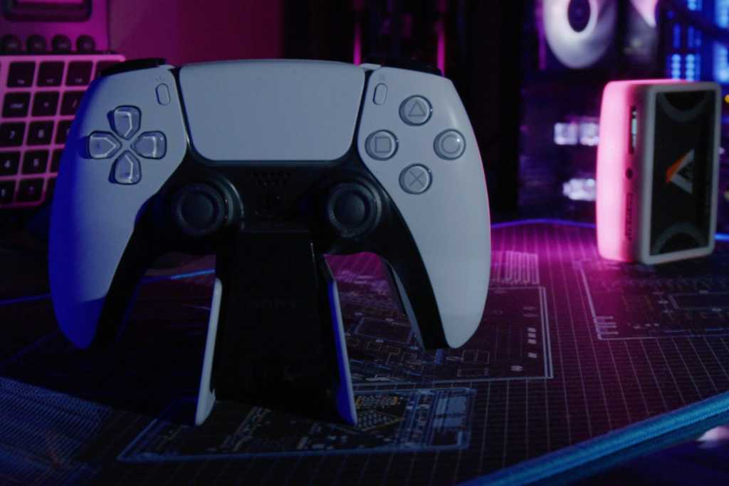 Ps5 Controller On A Stand On A Diy Workstation With Rgb Lighting.jpg