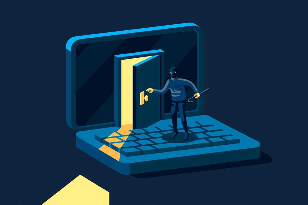 Hacker Hackingsecurity Threat Crime Criminal With Black Hat Mask And Crowbar Breaks Into A Laptop By.jpeg